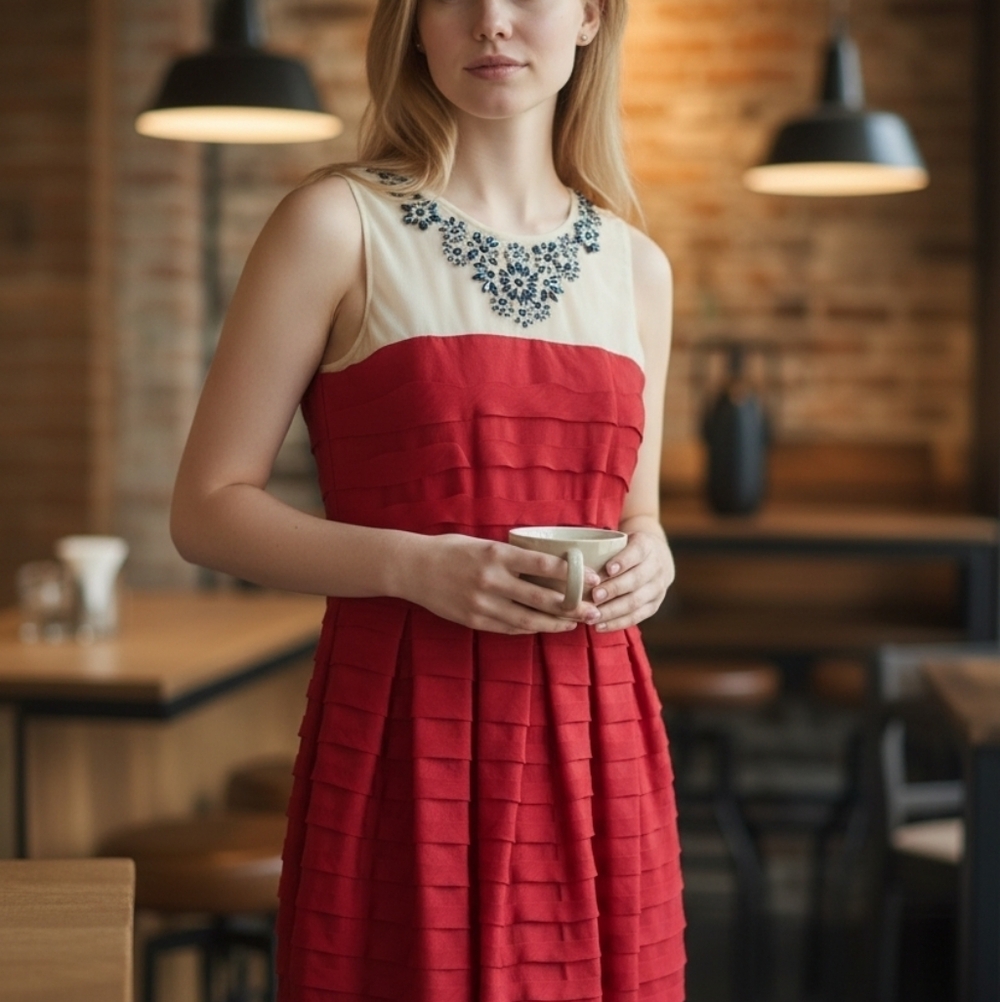 Women's BCBGMAXAZRIA Red and Ivory Embellished Marina Cocktail Dress‎ XXS